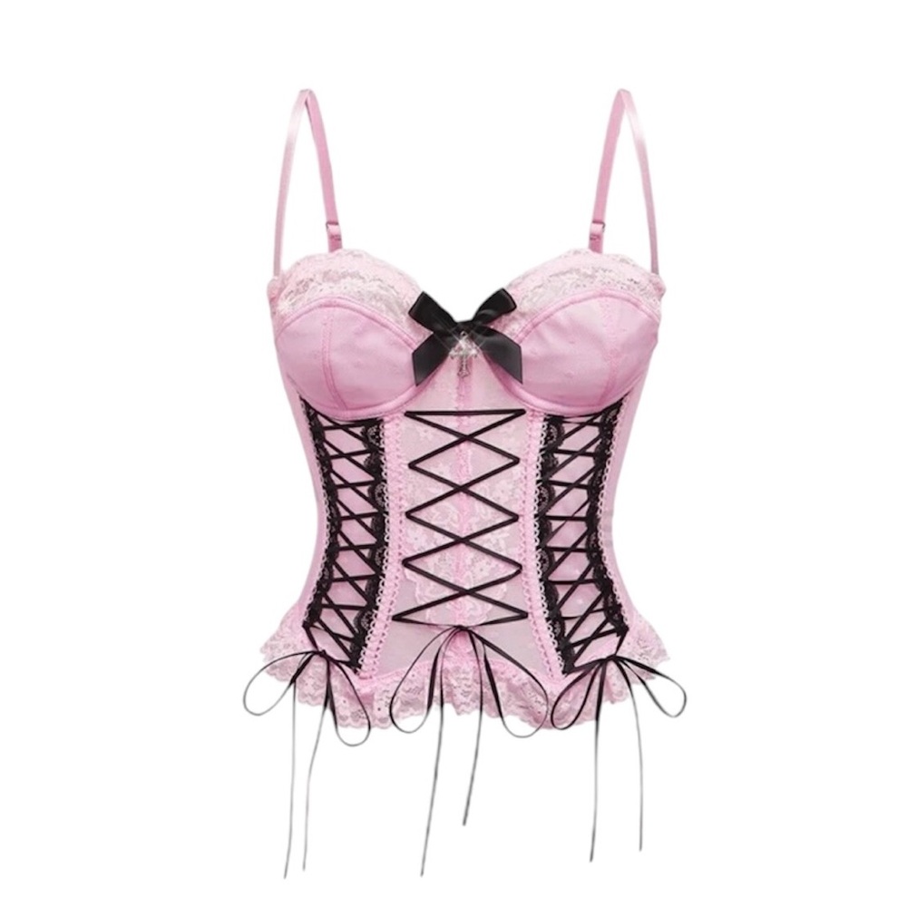 Women's Punk Style Bow Decor Criss-Cross Spaghetti Strap Lace Corset Top